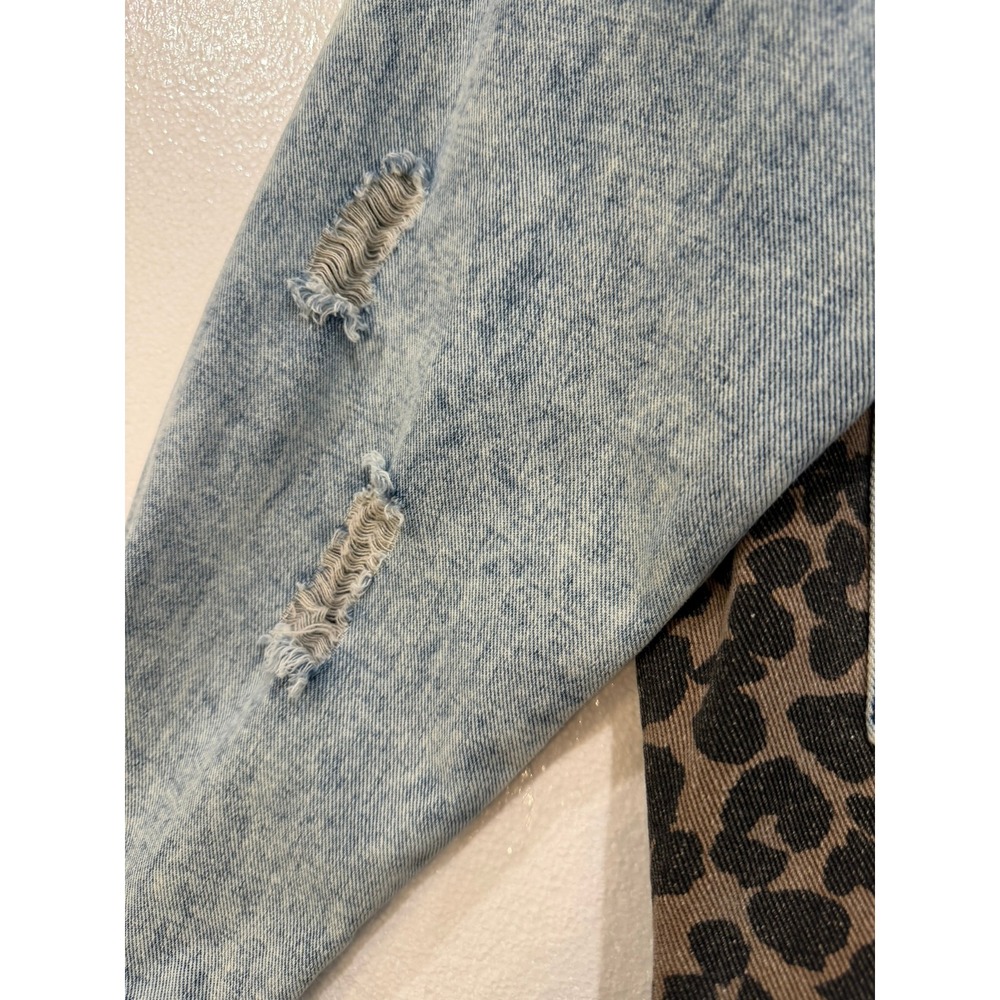 Acid Wash Leopard Print Distressed Oversized Denim Jacket Blue Brown Womens S - Picture 4 of 9